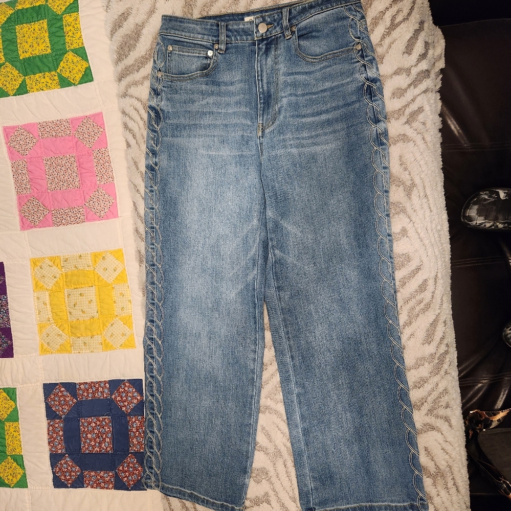 OAT New York Cropped Jeans with Embroidery Along Outer Seams, Size 8/29